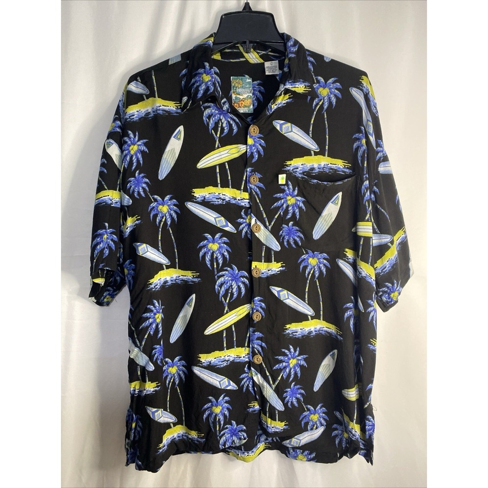 Pineapple Moon Men's Large hawaiian shirt Palm Trees Surfboards Black